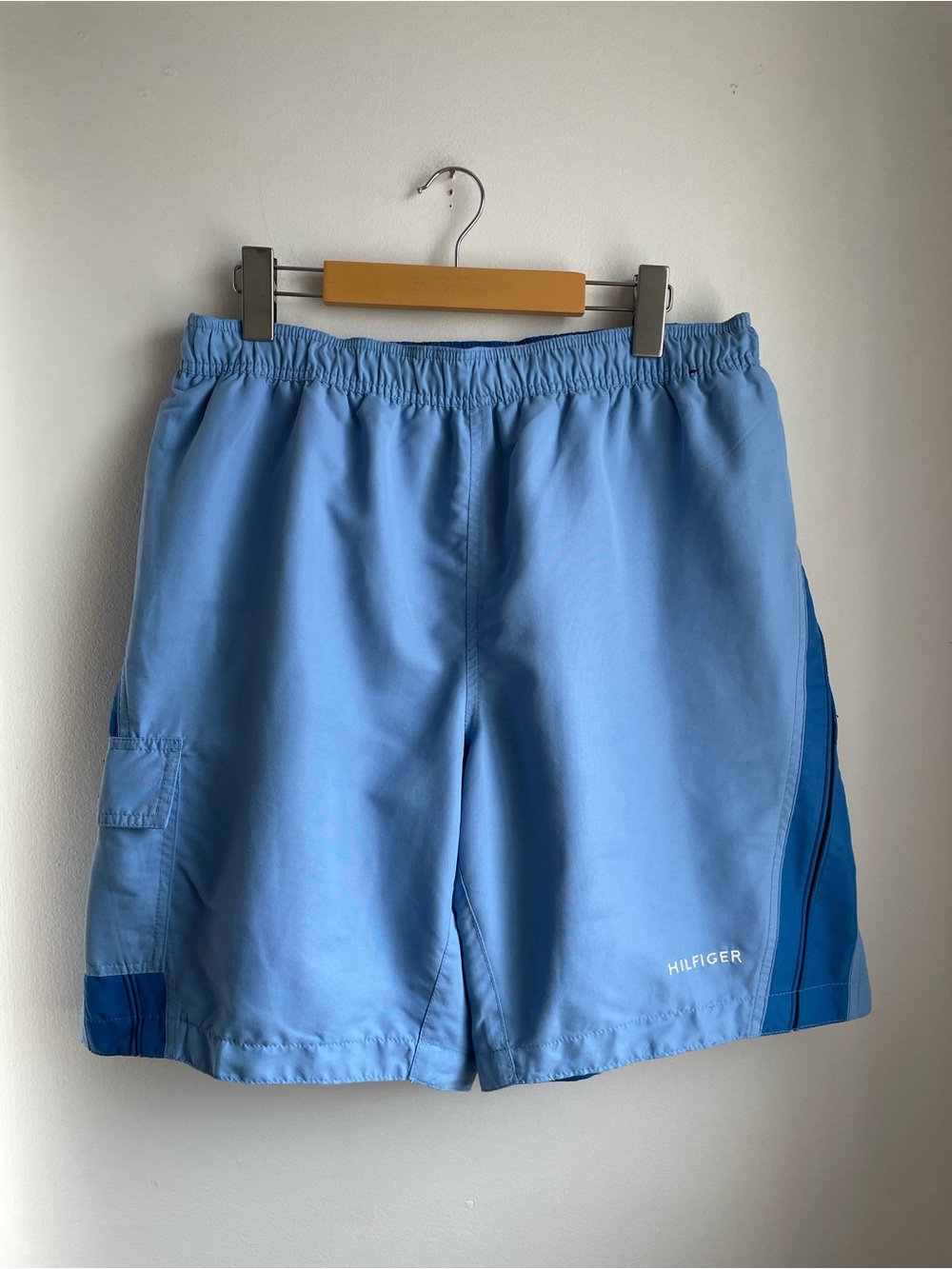 Tommy Hilfiger Light Blue Men's Swim Trunk with Dark Blue Side Panels-size M